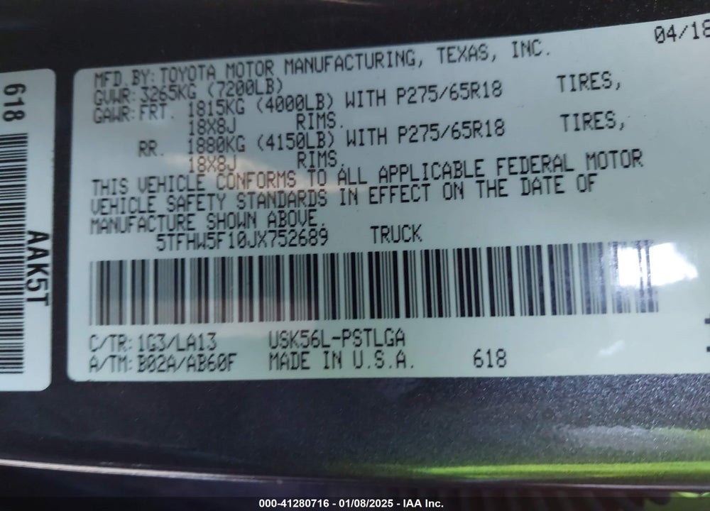 2018 TOYOTA TUNDRA LIMITED 5.7L V8 VIN: 5TFHW5F10JX752689