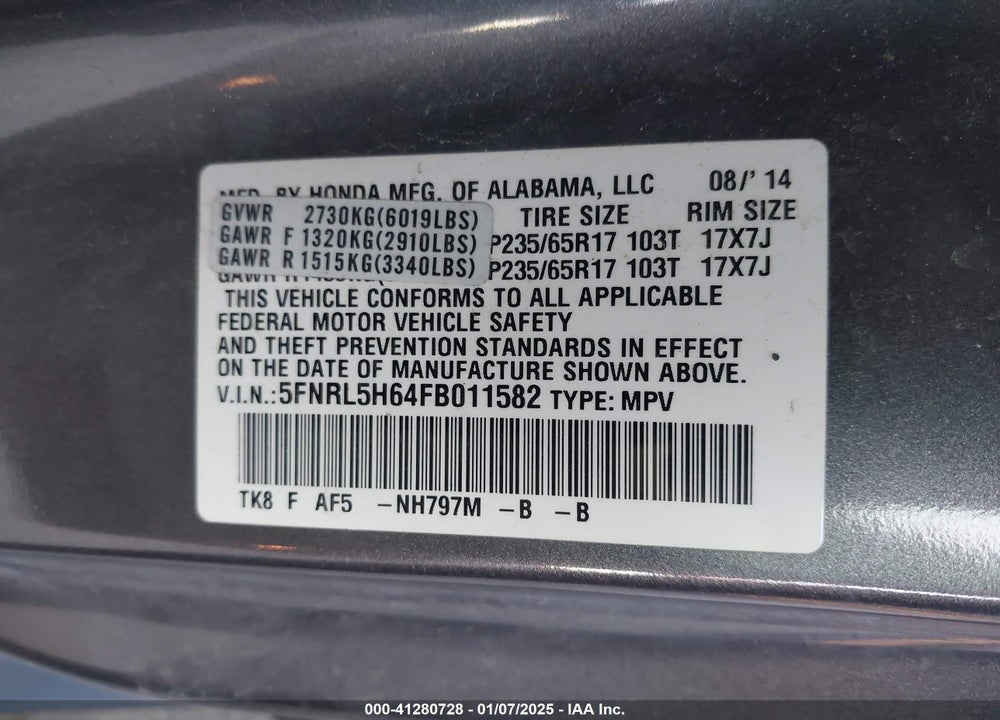 2015 HONDA ODYSSEY EX-L VIN: 5FNRL5H64FB011582