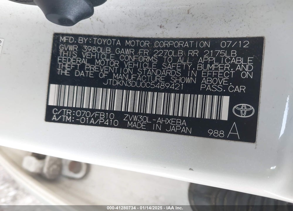2012 TOYOTA PRIUS TWO VIN: JTDKN3DU0C5489421
