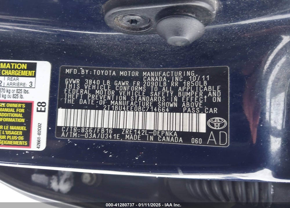2011 TOYOTA COROLLA LE VIN: 2T1BU4EE0BC714664