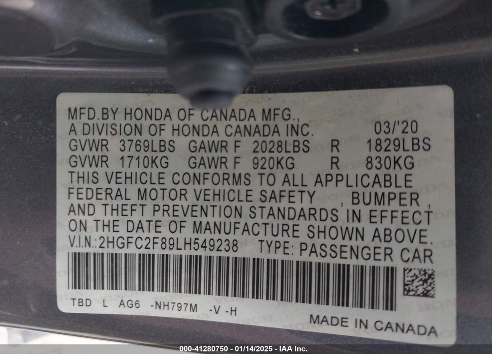 2020 HONDA CIVIC VIN: 2HGFC2F89LH549238