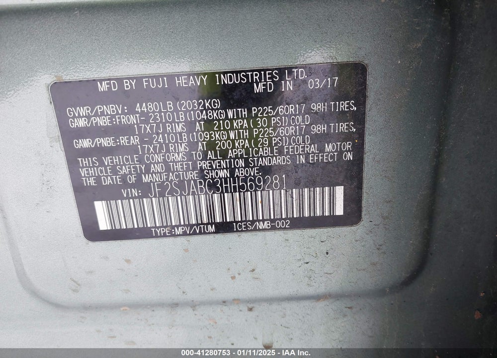 2017 SUBARU FORESTER VIN: JF2SJABC3HH569281