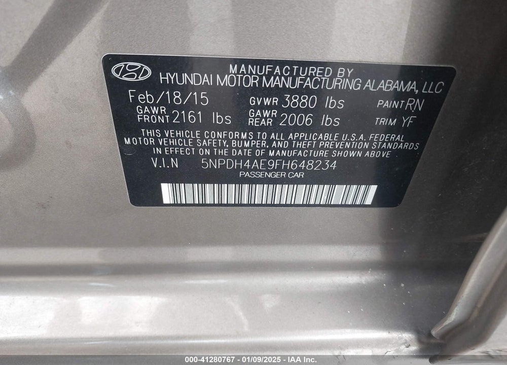 2015 HYUNDAI ELANTRA VIN: 5NPDH4AE9FH648234