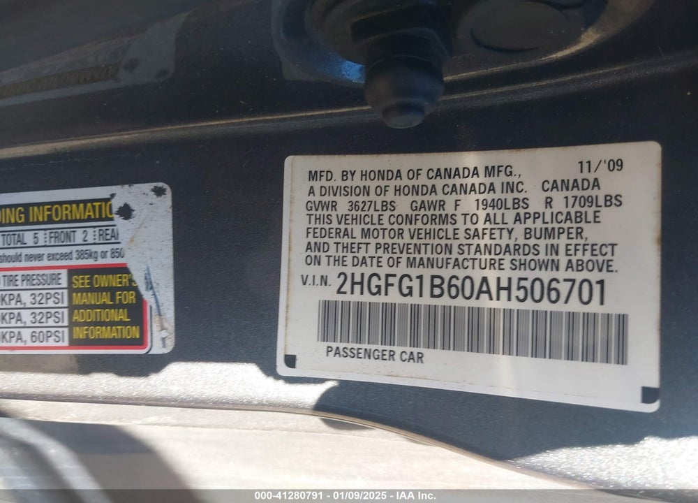 2010 HONDA CIVIC VIN: 2HGFG1B60AH506701
