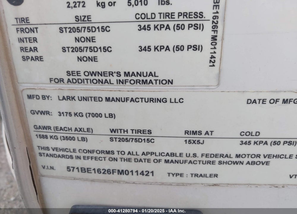 2015 LARK TRAILER VIN: 571BE1626FM011421