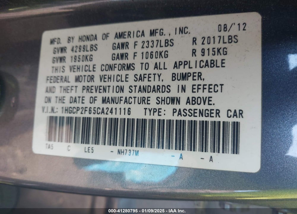 2012 HONDA ACCORD 2.4 SE VIN: 1HGCP2F65CA241116