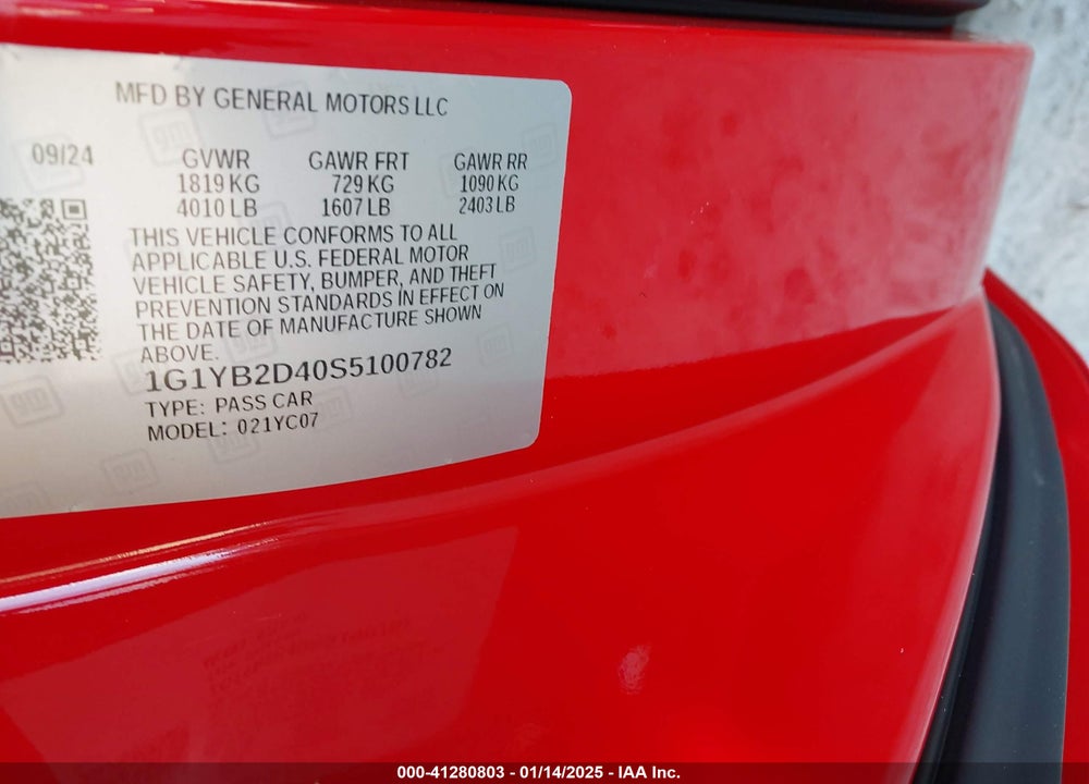 2025 CHEVROLET CORVETTE STINGRAY RWD 2LT VIN: 1G1YB2D40S5100782