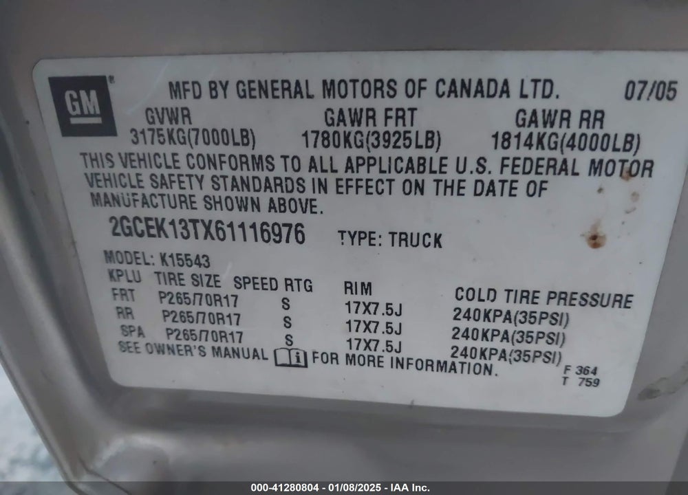 2006 CHEVROLET SILVERADO 1500 VIN: 2GCEK13TX61116976