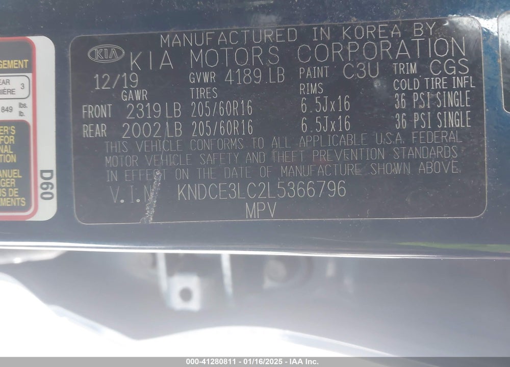 2020 KIA NIRO EX PREMIUM VIN: KNDCE3LC2L5366796