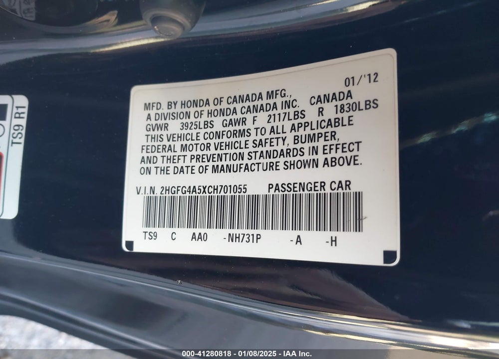 2012 HONDA CIVIC SI VIN: 2HGFG4A5XCH701055