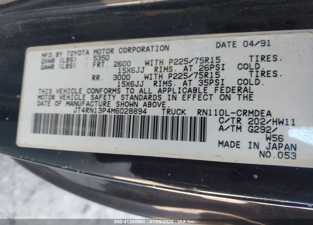 1991 TOYOTA PICKUP 1/2 TON EX LNG WHLBSE DLX VIN: JT4RN13P4M6028894