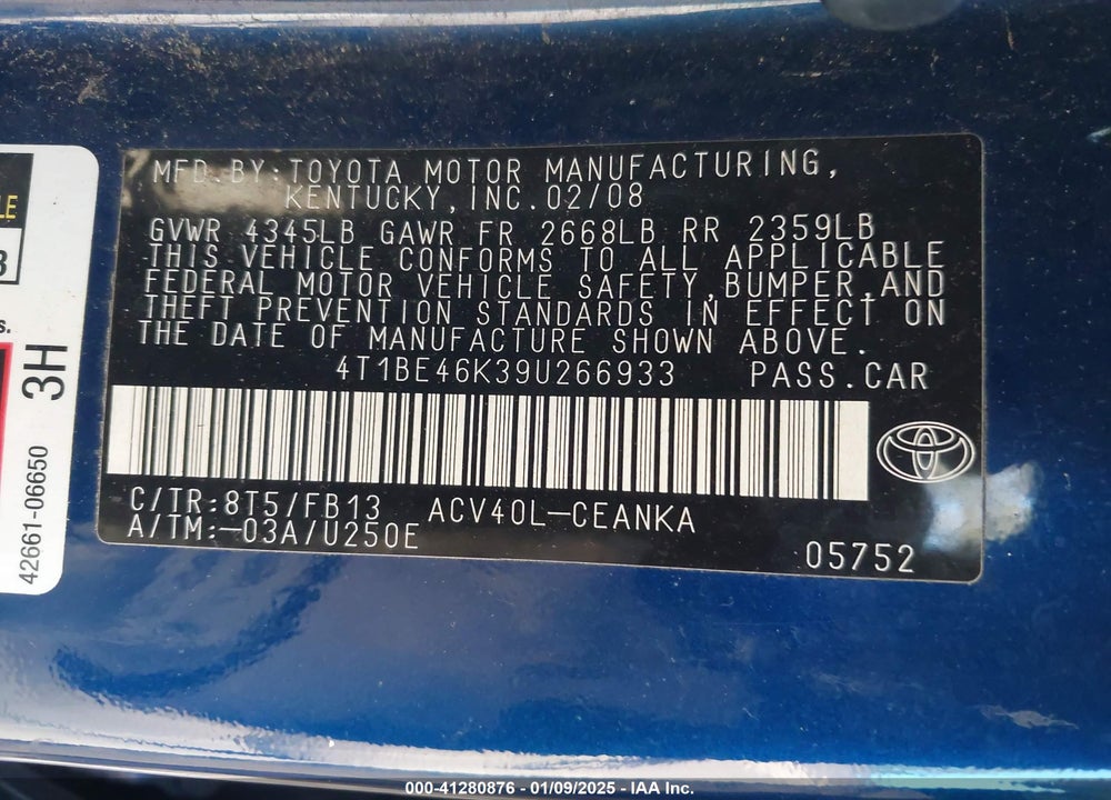 2009 TOYOTA CAMRY VIN: 4T1BE46K39U266933
