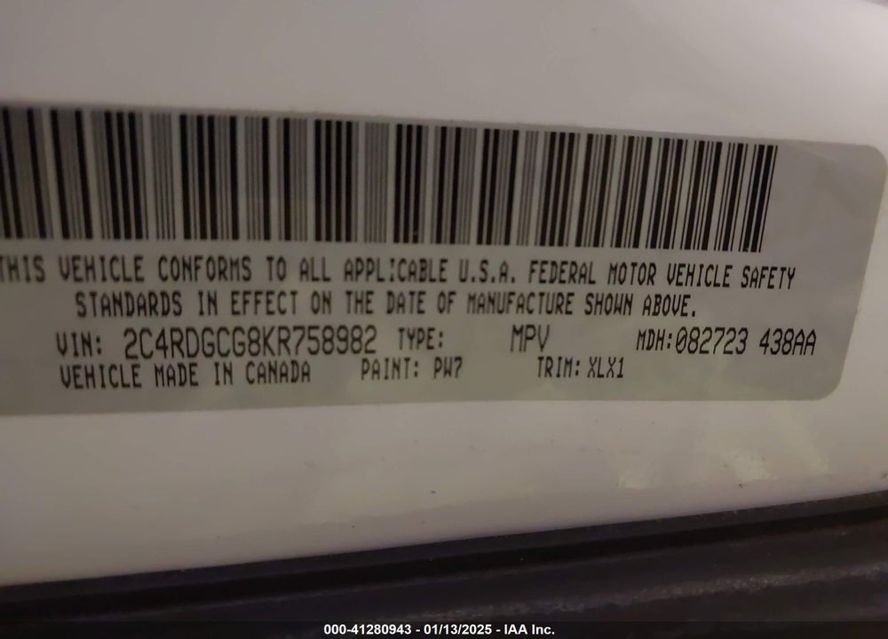 2019 DODGE GRAND CARAVAN SXT VIN: 2C4RDGCG8KR758982