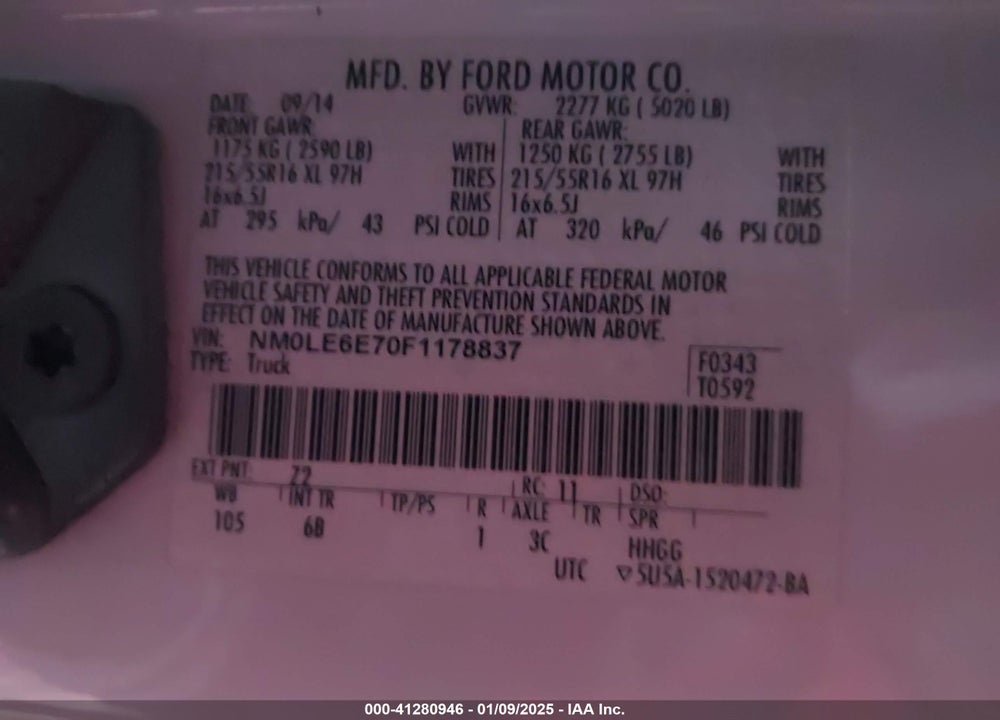 2015 FORD TRANSIT CONNECT XL VIN: NM0LE6E70F1178837