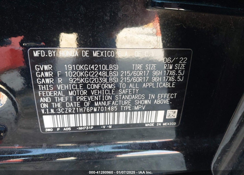 2023 HONDA HR-V 2WD EX-L VIN: 3CZRZ1H76PM701485