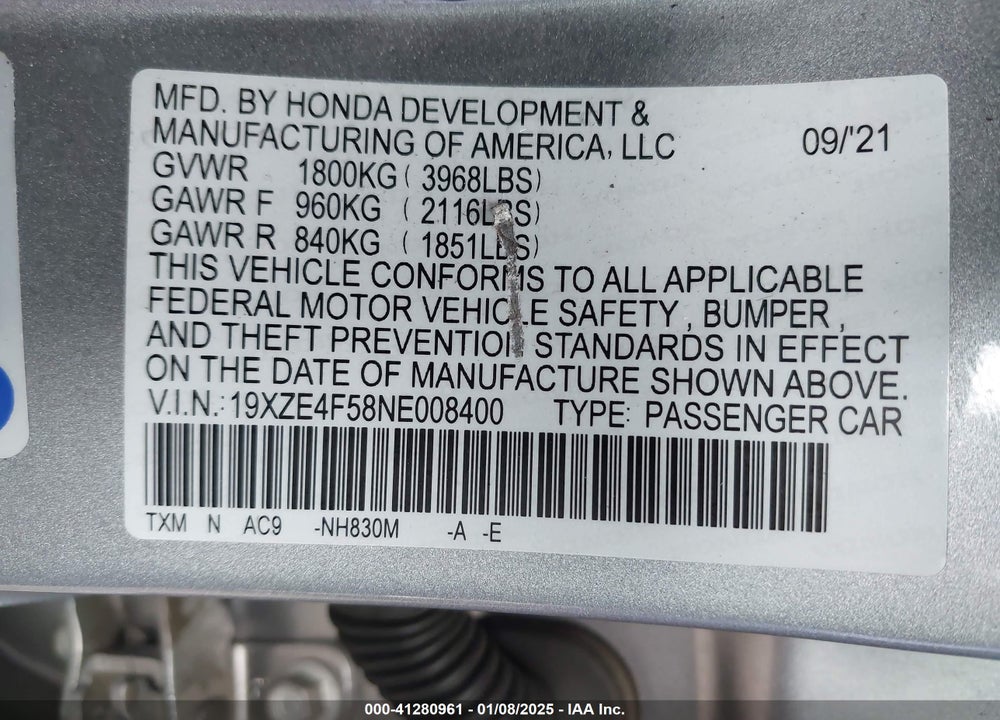 2022 HONDA INSIGHT EX VIN: 19XZE4F58NE008400