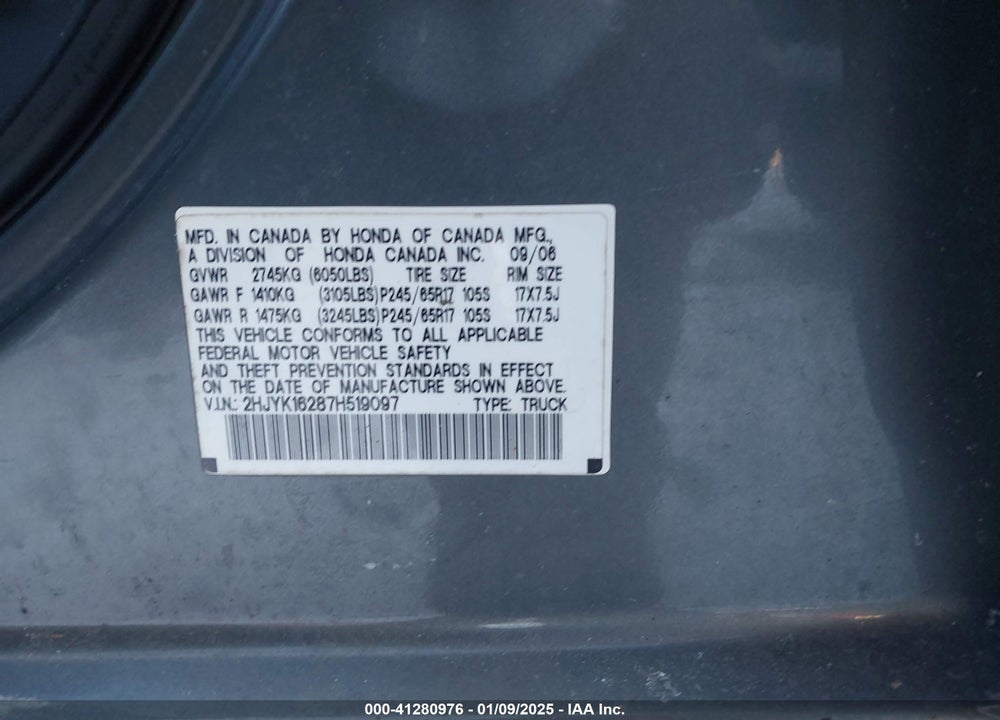 2007 HONDA RIDGELINE RT VIN: 2HJYK16287H519097