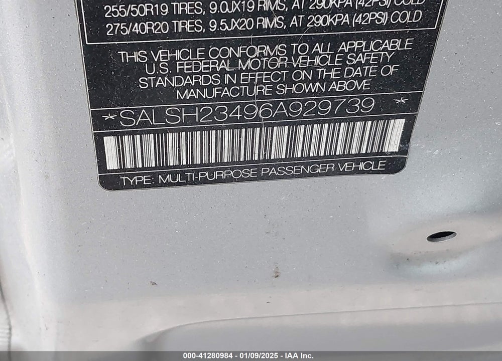 2006 LAND ROVER RANGE ROVER SPORT VIN: SALSH23496A929739
