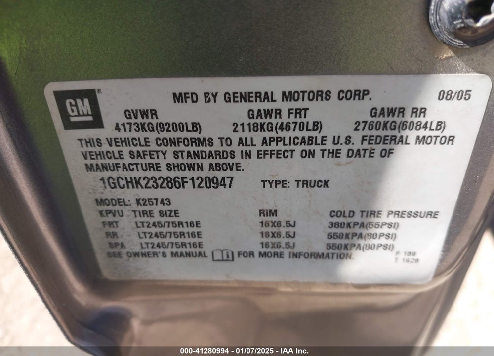 2006 CHEVROLET SILVERADO 2500HD LT3 VIN: 1GCHK23286F120947