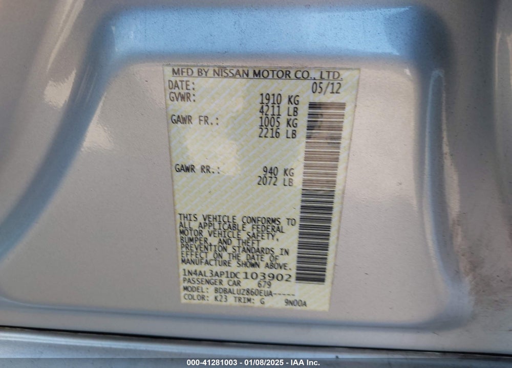 2013 NISSAN ALTIMA VIN: 1N4AL3AP1DC103902