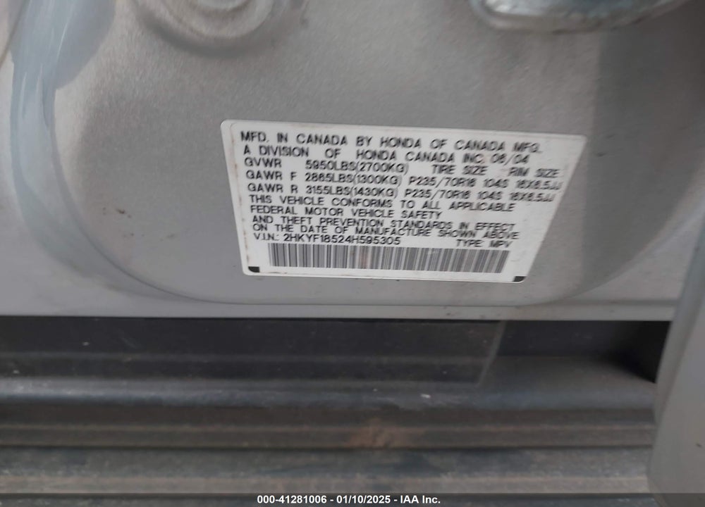 2004 HONDA PILOT EX-L VIN: 2HKYF18524H595305