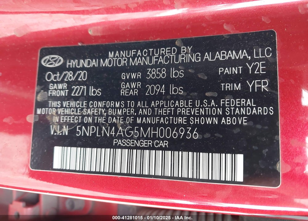 2021 HYUNDAI ELANTRA VIN: 5NPLN4AG5MH006936