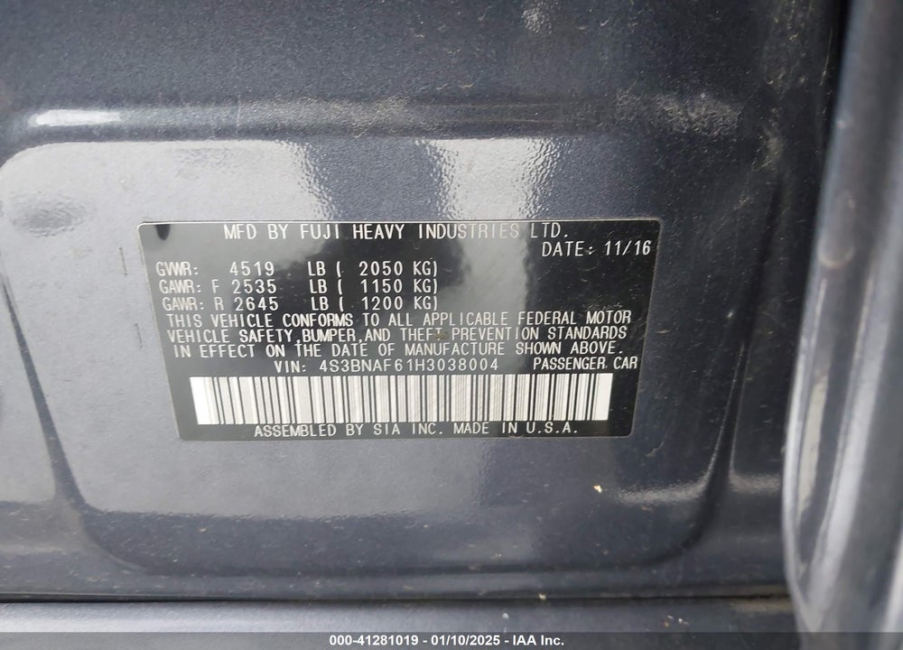 2017 SUBARU LEGACY VIN: 4S3BNAF61H3038004