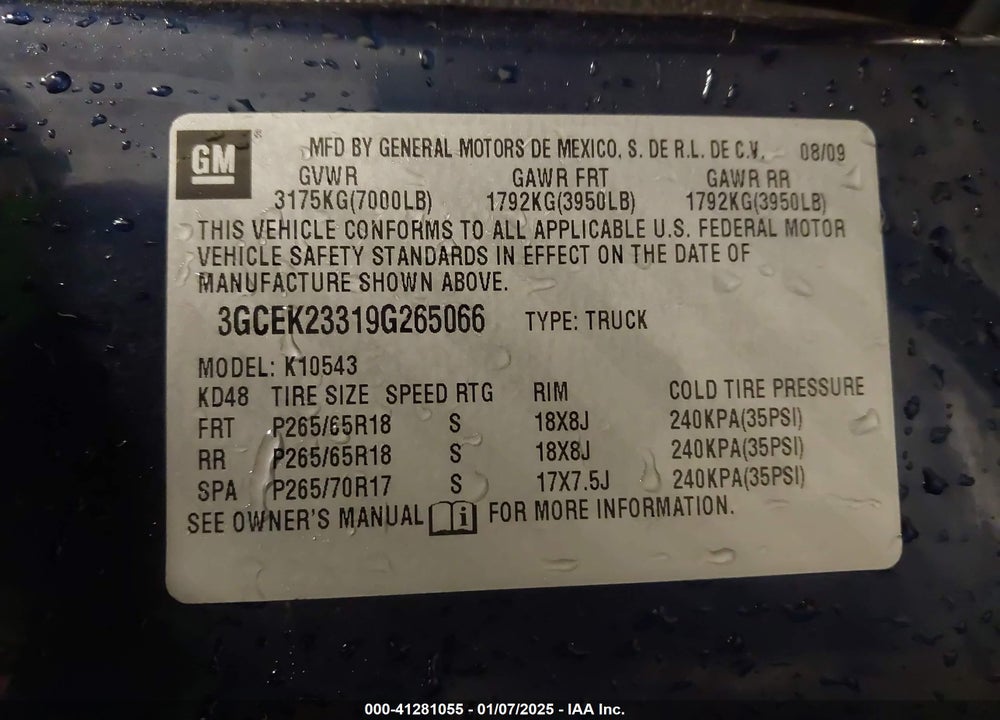 2009 CHEVROLET SILVERADO 1500 LT VIN: 3GCEK23319G265066