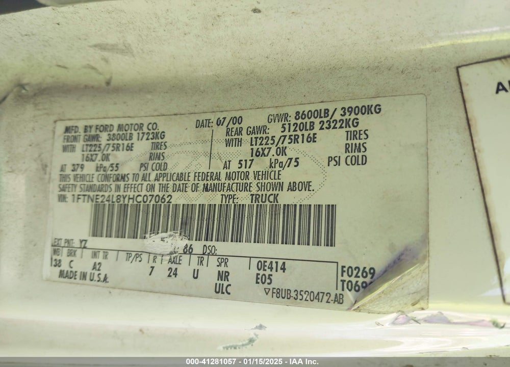 2000 FORD E-250 COMMERCIAL/RECREATIONAL VIN: 1FTNE24L8YHC07062