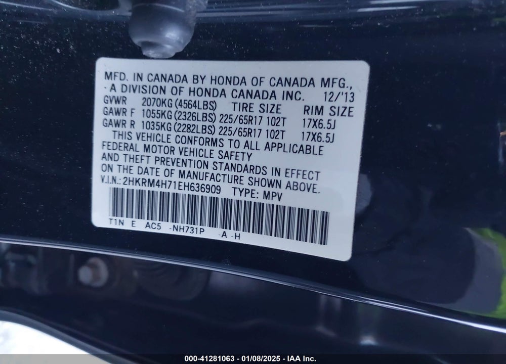 2014 HONDA CR-V EX-L VIN: 2HKRM4H71EH636909
