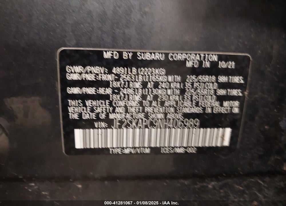 2022 SUBARU FORESTER LIMITED VIN: JF2SKAPC9NH406989
