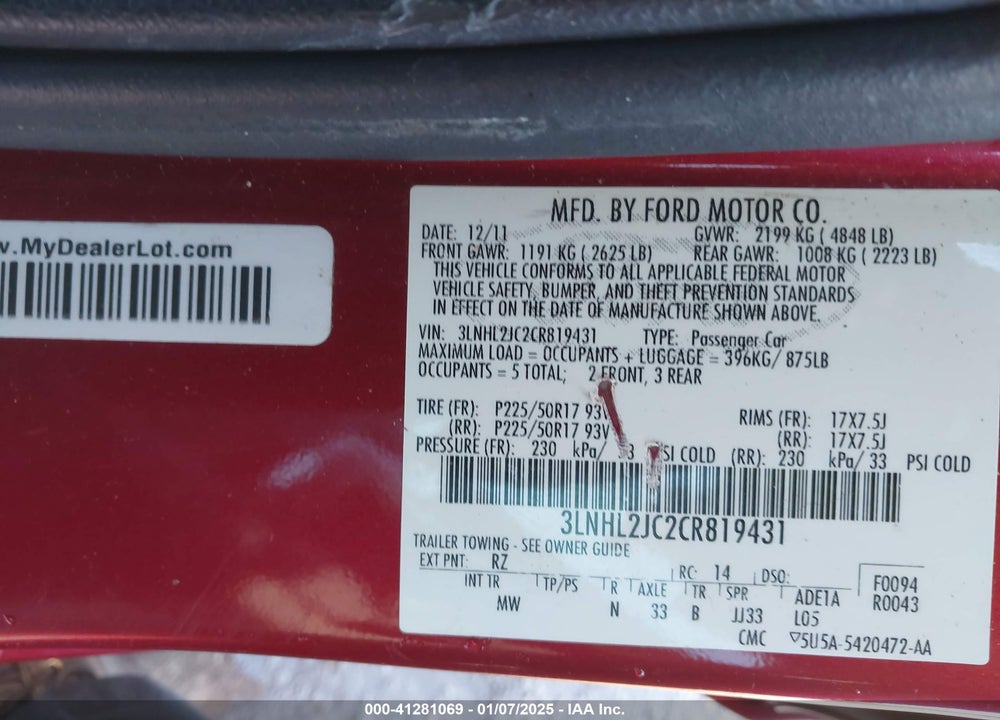 2012 LINCOLN MKZ VIN: 3LNHL2JC2CR819431