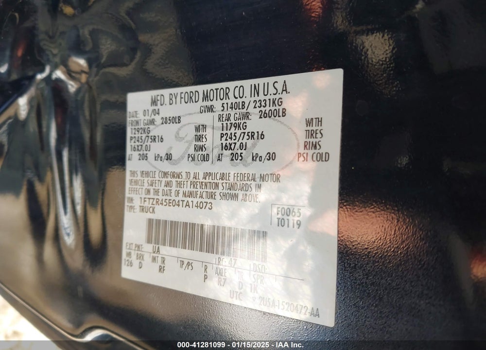 2004 FORD RANGER EDGE/TREMOR/XLT VIN: 1FTZR45E04TA14073