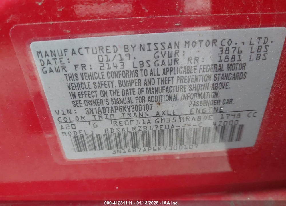 2019 NISSAN SENTRA VIN: 3N1AB7AP6KY300107