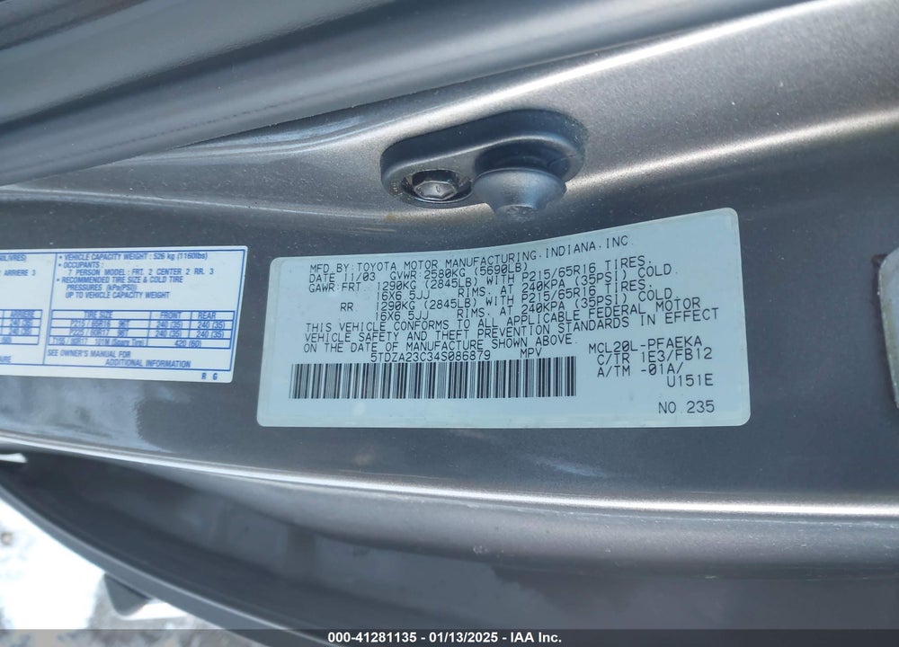 2004 TOYOTA SIENNA LE VIN: 5TDZA23C34S086879
