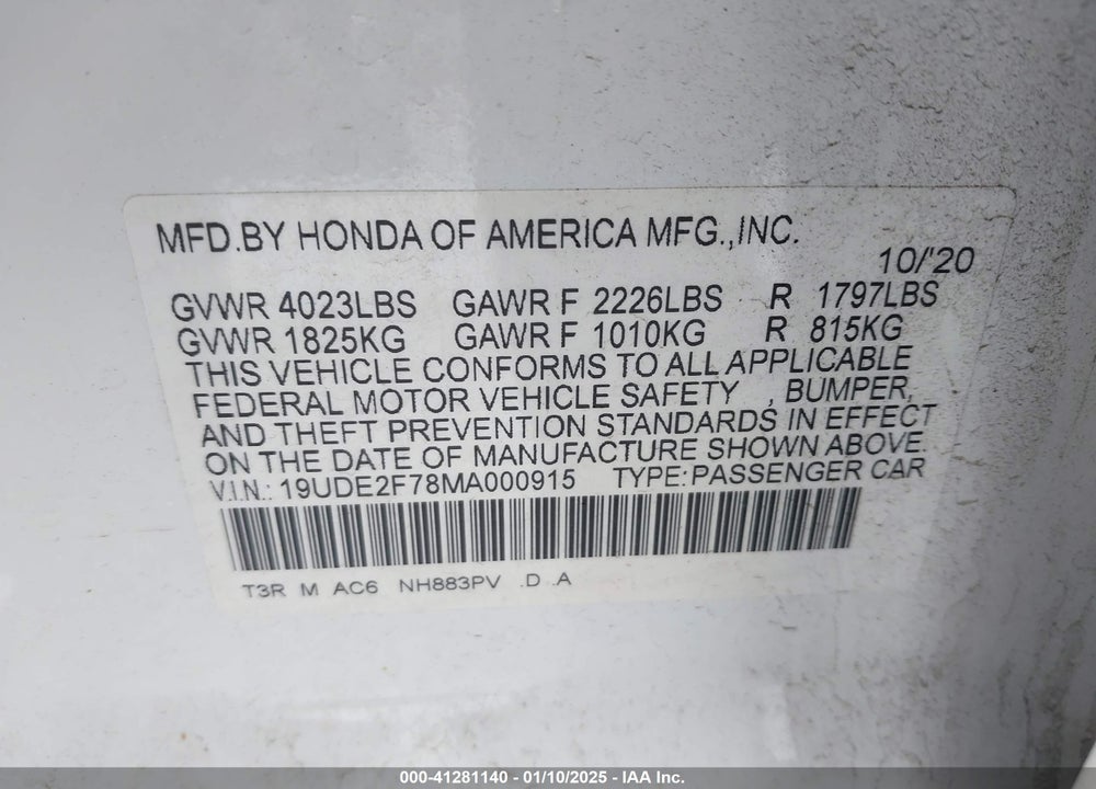 2021 ACURA ILX VIN: 19UDE2F78MA000915