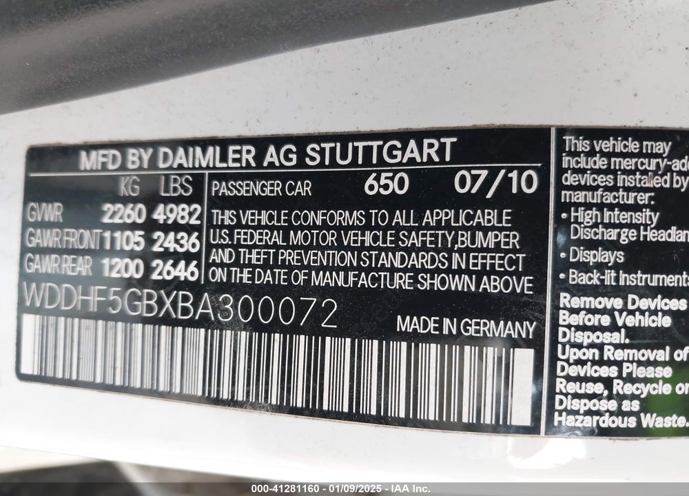 2011 MERCEDES-BENZ E VIN: WDDHF5GBXBA300072