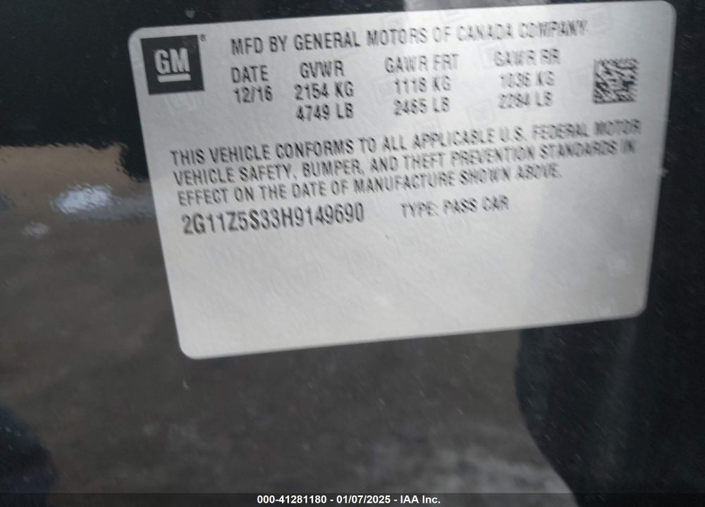2017 CHEVROLET IMPALA VIN: 2G11Z5S33H9149690