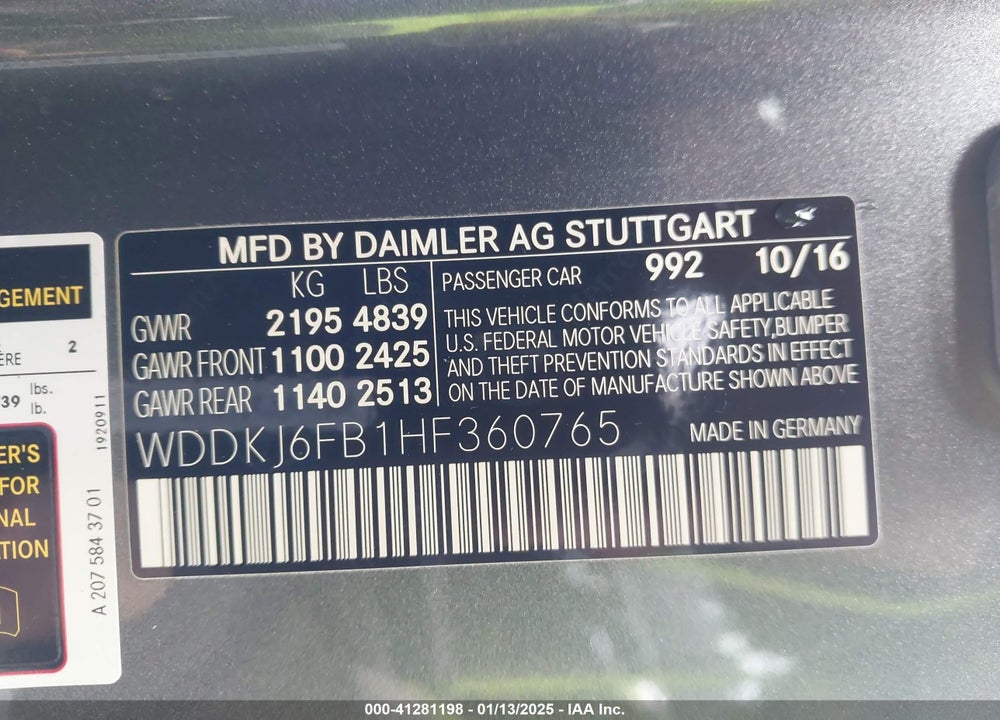 2017 MERCEDES-BENZ E 400 VIN: WDDKJ6FB1HF360765