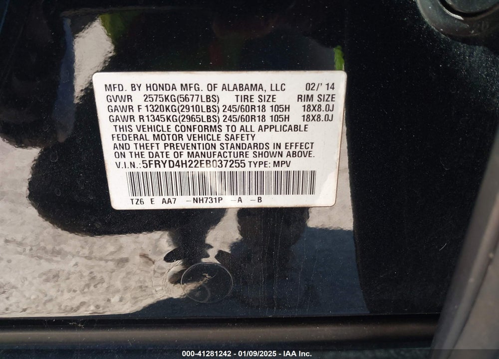 2014 ACURA MDX VIN: 5FRYD4H22EB037255