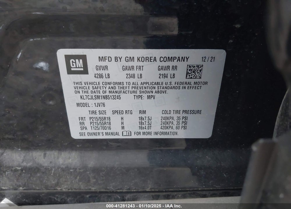 2022 CHEVROLET TRAX FWD LT VIN: KL7CJLSM1NB513245