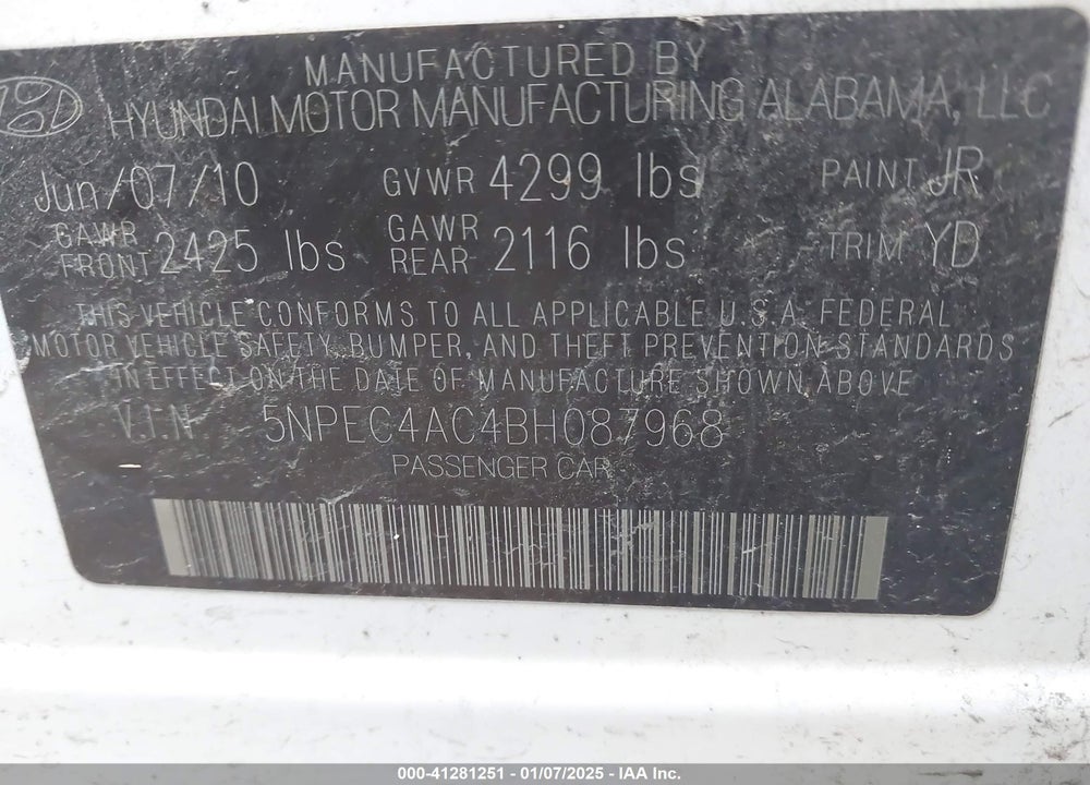 2011 HYUNDAI SONATA VIN: 5NPEC4AC4BH087968