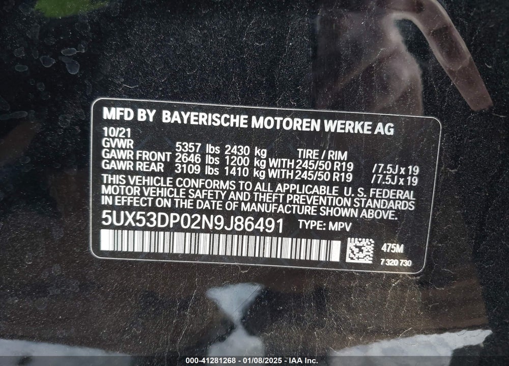 2022 BMW X3 XDRIVE30I VIN: 5UX53DP02N9J86491