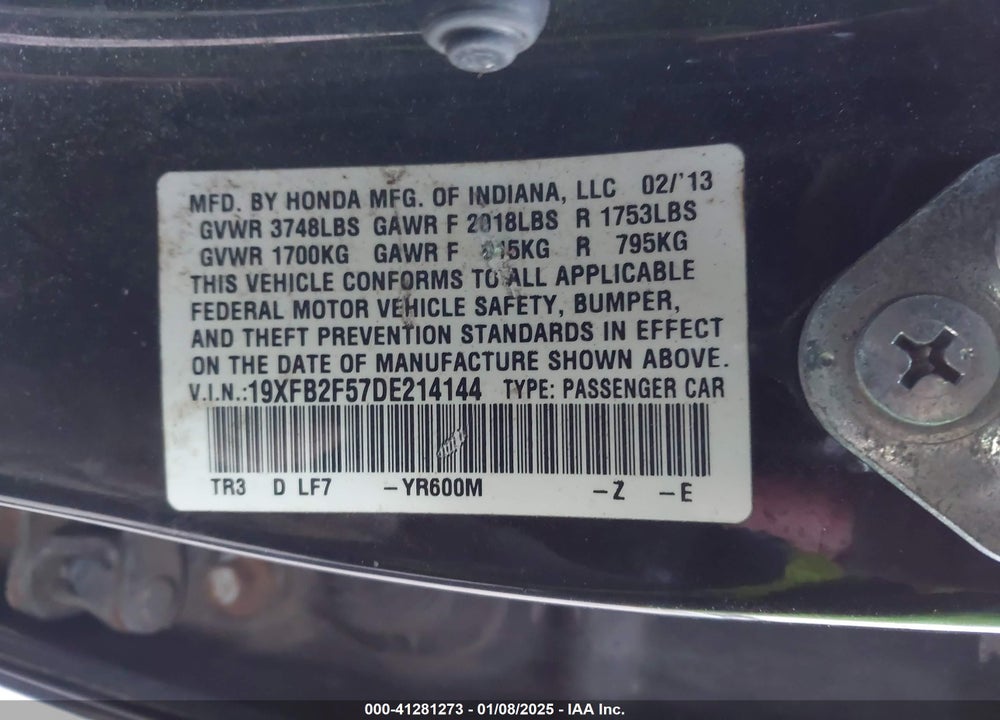 2013 HONDA CIVIC VIN: 19XFB2F57DE214144