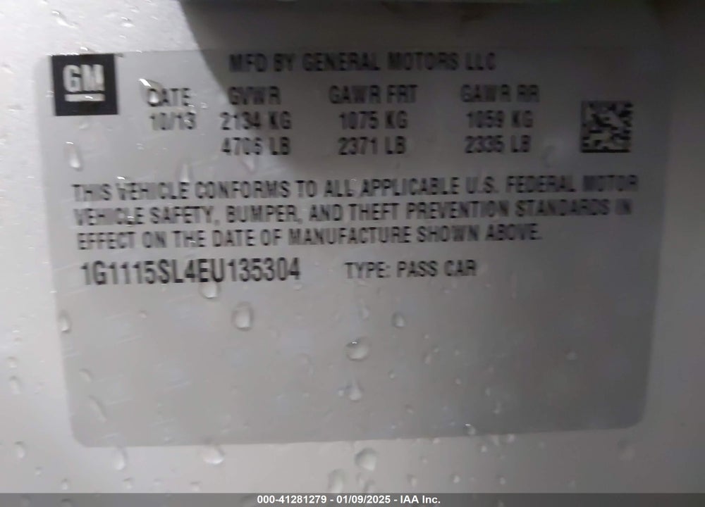 2014 CHEVROLET IMPALA 1LT VIN: 1G1115SL4EU135304