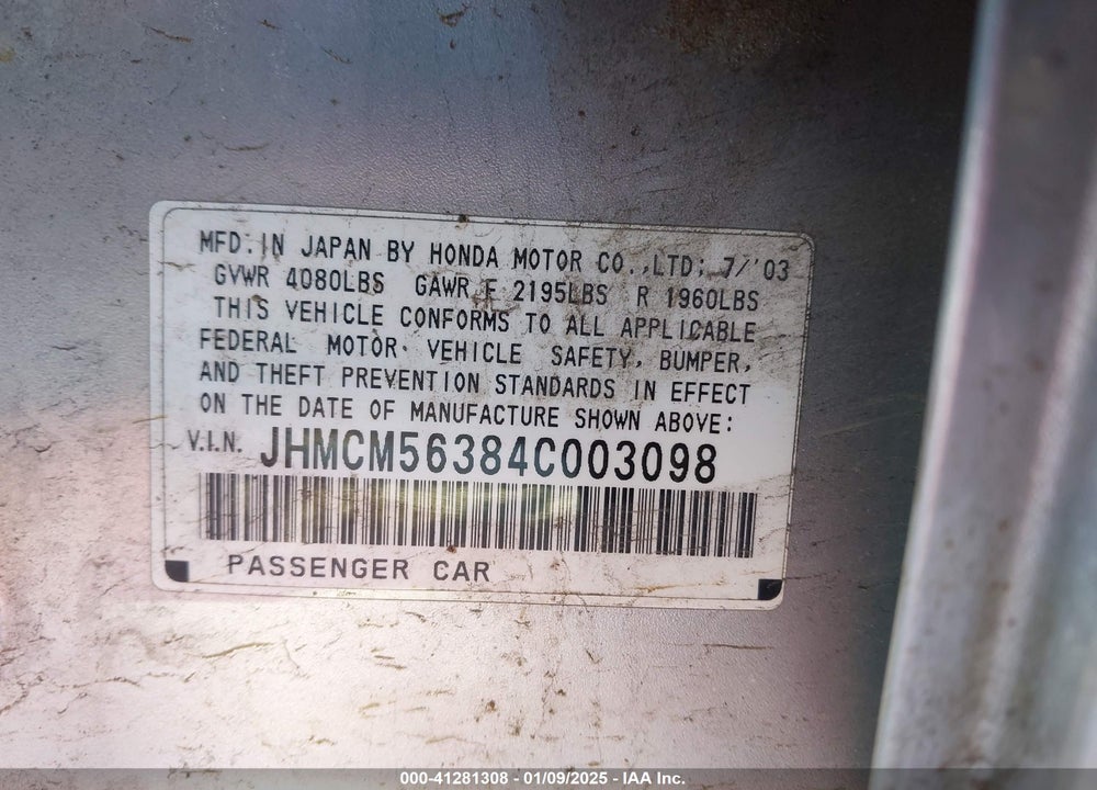 2004 HONDA ACCORD 2.4 LX VIN: JHMCM56384C003098