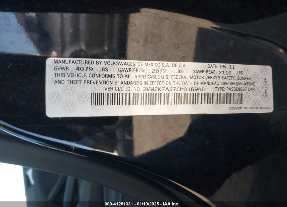 2012 VOLKSWAGEN JETTA 2.0L S VIN: 3VW2K7AJ7CM315945