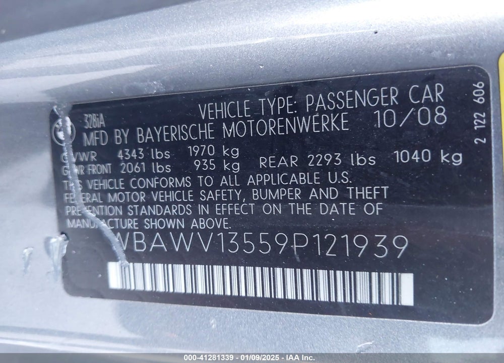 2009 BMW 328I VIN: WBAWV13559P121939