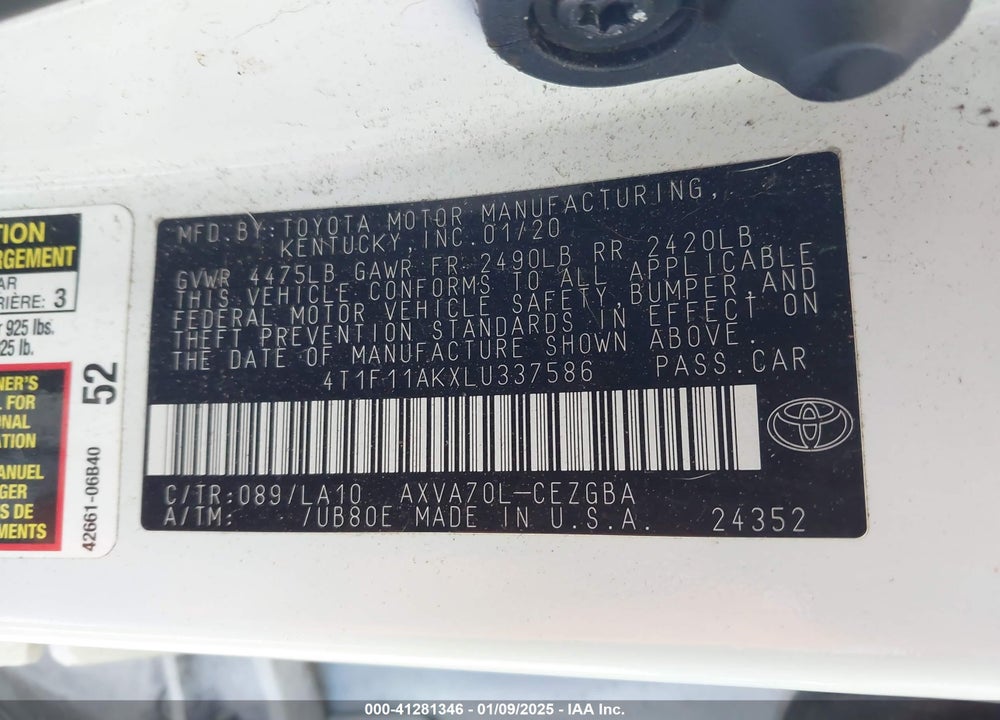 2020 TOYOTA CAMRY VIN: 4T1F11AKXLU337586