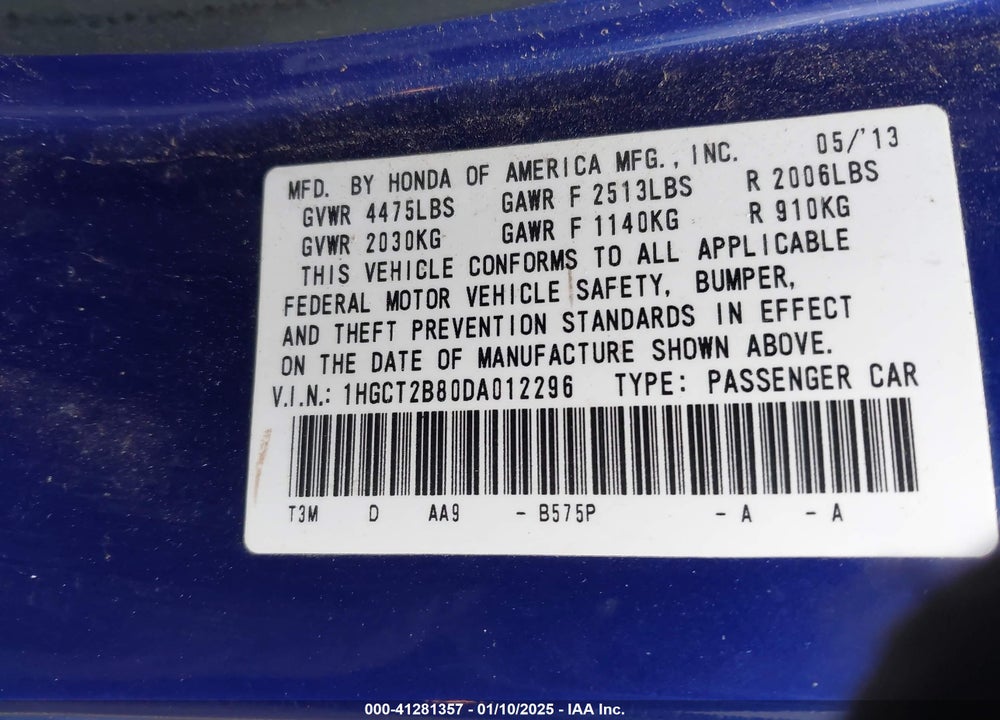 2013 HONDA ACCORD EX-L V-6 VIN: 1HGCT2B80DA012296